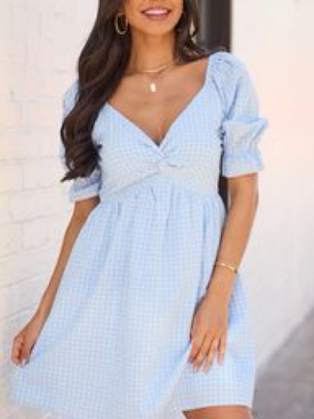 Pink Lily Light Blue Gingham V-Neck Puff Sleeve Dress